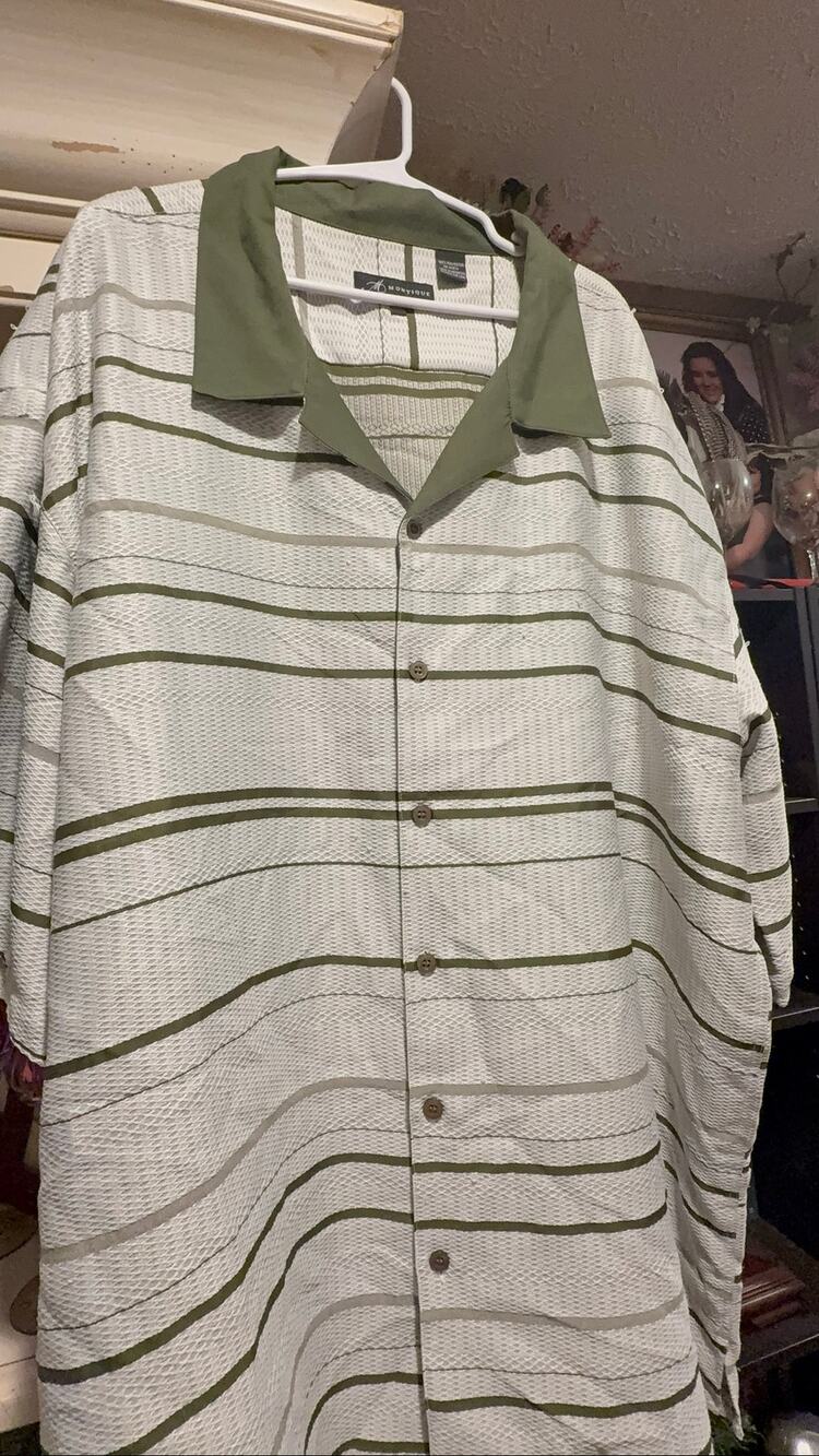 Montique Men’s 5XL Striped Mesh Knit Button Up Shirt Olive Green Cream Retro